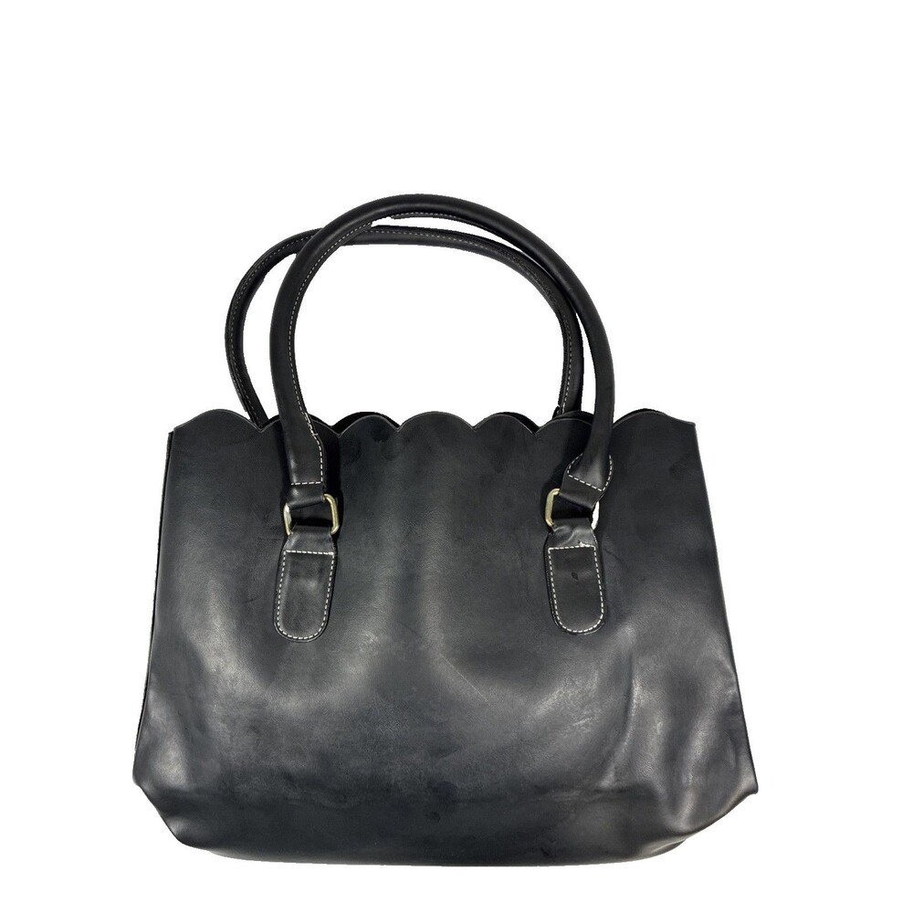 Black Faux Leather Scallop Top Tote Bag Double Handle Womens Purse 16x12x5 Gifts